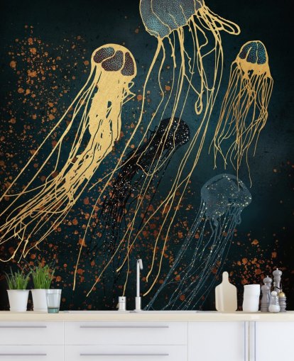 gouden en blauwe aanpasbare kwallenbehangmuurschildering van SpaceFrog Designs voor woonkamers