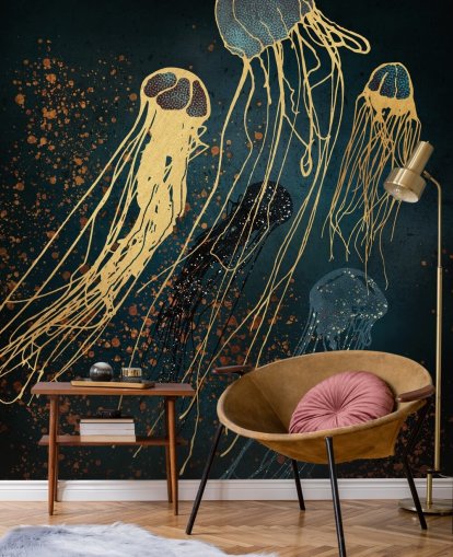 gold and blue customizable jellyfish wallpaper mural by SpaceFrog Designs for living rooms