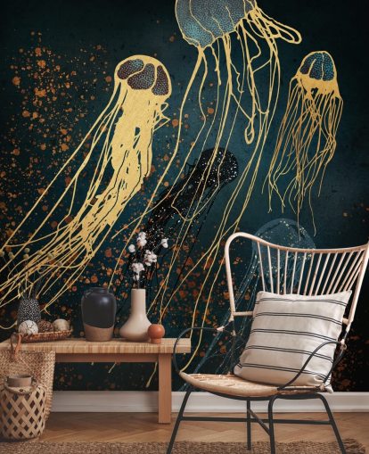 papier peint personnalisé de méduses dorées et bleues par SpaceFrog Designs pour les salons