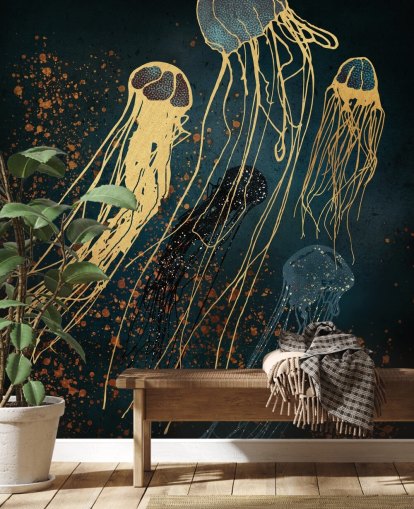 mural de papel pintado de medusas personalizable dorado y azul de SpaceFrog Designs para salas de estar