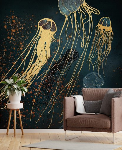 mural de papel pintado de medusas personalizable dorado y azul de SpaceFrog Designs para salas de estar