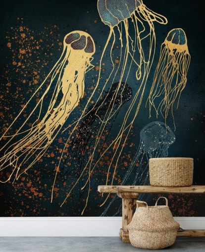 carta da parati murale personalizzabile con meduse dorate e blu di SpaceFrog Designs per salotti