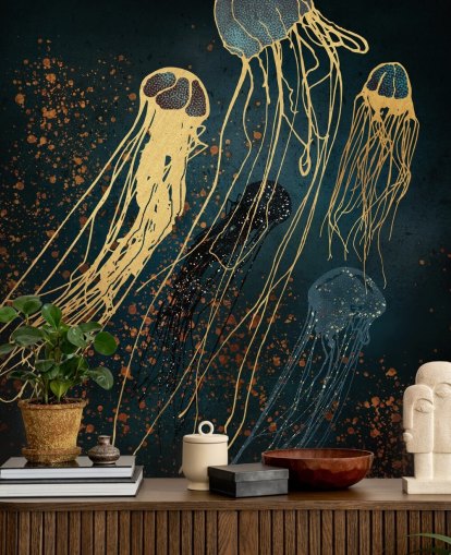 mural de papel pintado de medusas personalizable dorado y azul de SpaceFrog Designs para salas de estar