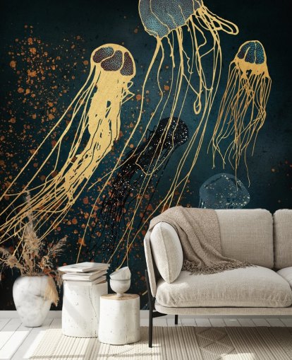 mural de papel de parede de medusa personalizável em ouro e azul da SpaceFrog Designs para salas de estar mural de papel de parede de medusa personalizável em ouro e azul da SpaceFrog Designs para salas de estar