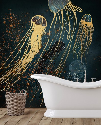 papier peint personnalisé de méduses dorées et bleues par SpaceFrog Designs pour les salons