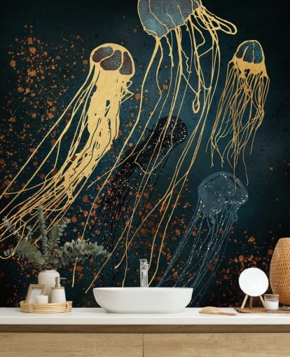 carta da parati murale personalizzabile con meduse dorate e blu di SpaceFrog Designs per salotti carta da parati murale personalizzabile con meduse dorate e blu di SpaceFrog Designs per salotti