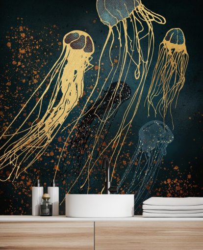 mural de papel de parede de medusa personalizável em ouro e azul da SpaceFrog Designs para salas de estar