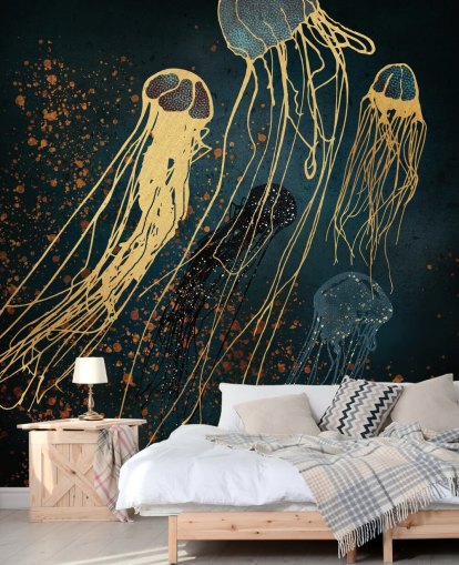 Personalisierbares Tapeten-Wandbild mit Quallen in Gold und Blau von SpaceFrog Designs für Wohnzimmer