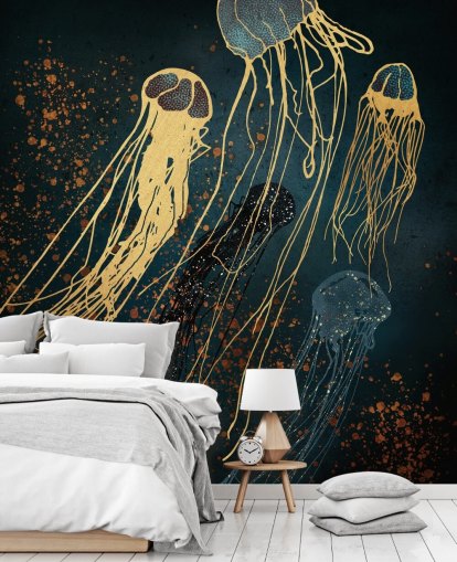 carta da parati murale personalizzabile con meduse dorate e blu di SpaceFrog Designs per salotti