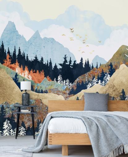 Berge, Bäume und Vögel abstrakte Tapete Berge, Bäume und Vögel abstrakte Tapete