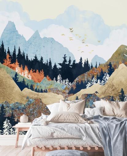 carta da parati astratta montagne, alberi e uccelli