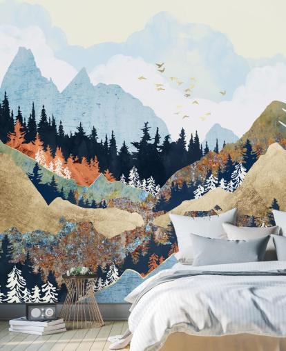 fondo de pantalla de montañas, árboles y pájaros