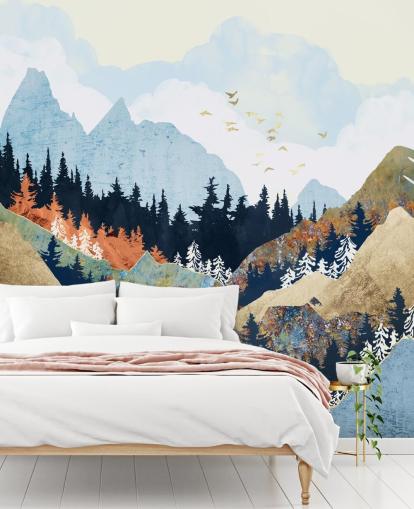 fondo de pantalla de montañas, árboles y pájaros