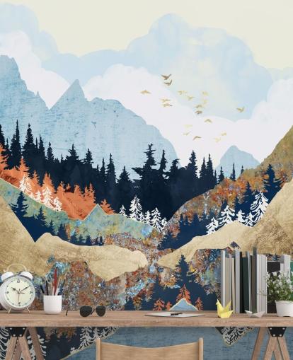 Berge, Bäume und Vögel abstrakte Tapete