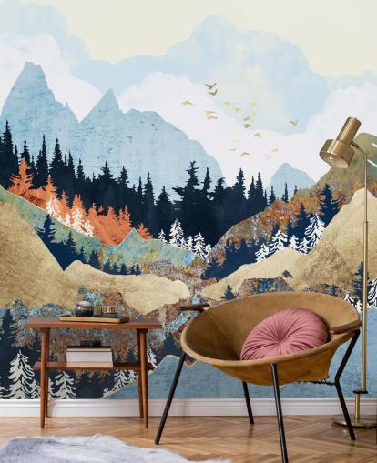 Berge, Bäume und Vögel abstrakte Tapete Berge, Bäume und Vögel abstrakte Tapete