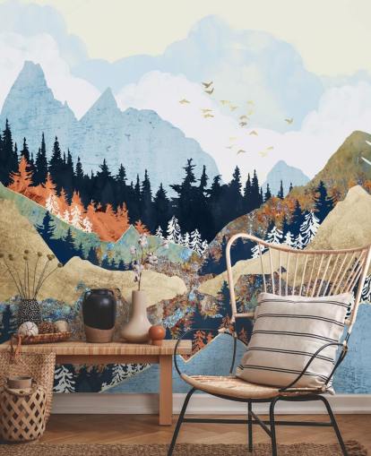 mountains, trees and birds abstract wallpaper