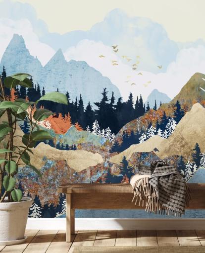 fond d'écran abstrait montagnes, arbres et oiseaux