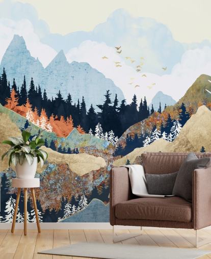 mountains, trees and birds abstract wallpaper