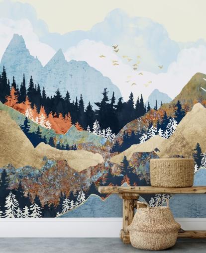 montanhas, árvores e pássaros papel de parede abstrato