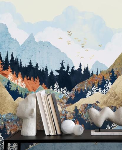 mountains, trees and birds abstract wallpaper