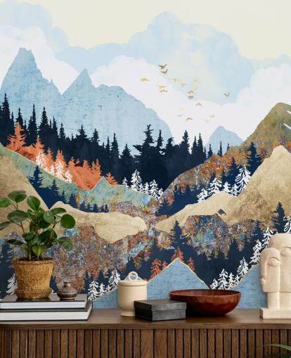 Berge, Bäume und Vögel abstrakte Tapete