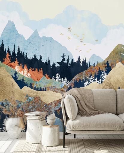 fond d'écran abstrait montagnes, arbres et oiseaux