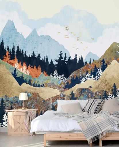 fondo de pantalla de montañas, árboles y pájaros