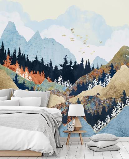 fondo de pantalla de montañas, árboles y pájaros