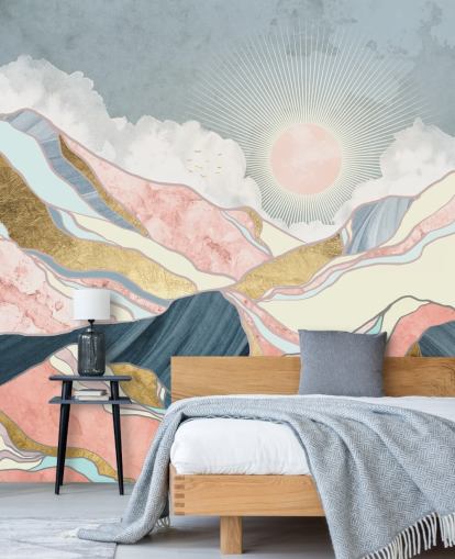 gold and pastel mountains and sun wallpaper