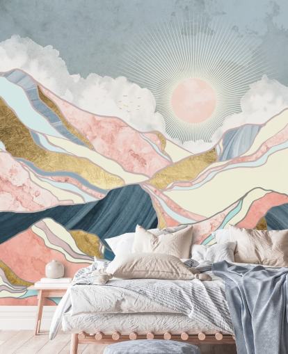 papel pintado de sol y montañas doradas y pastel