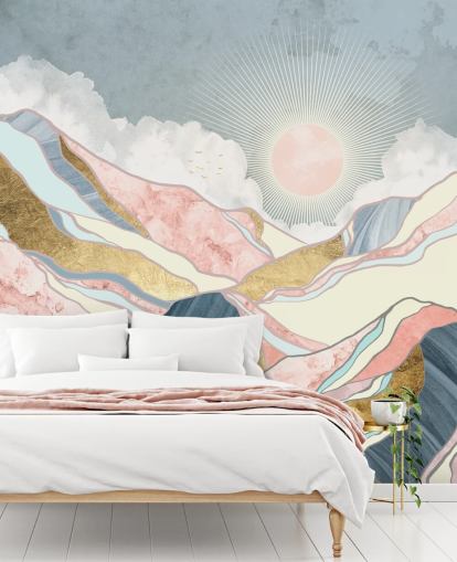 carta da parati oro e pastello montagne e sole