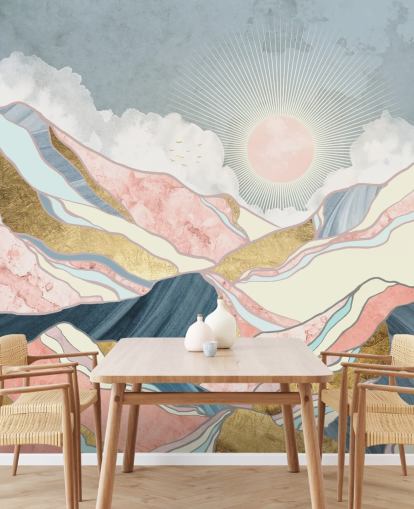 gold and pastel mountains and sun wallpaper
