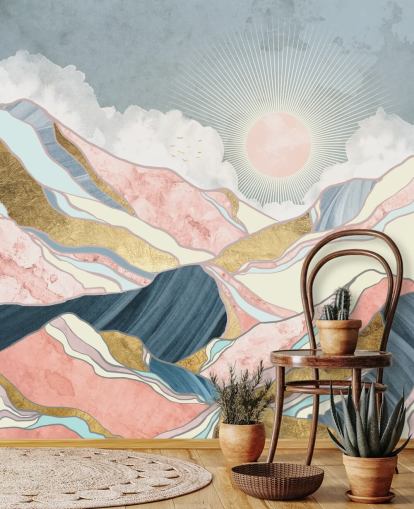 gold and pastel mountains and sun wallpaper