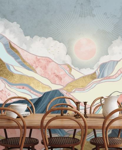 gold and pastel mountains and sun wallpaper