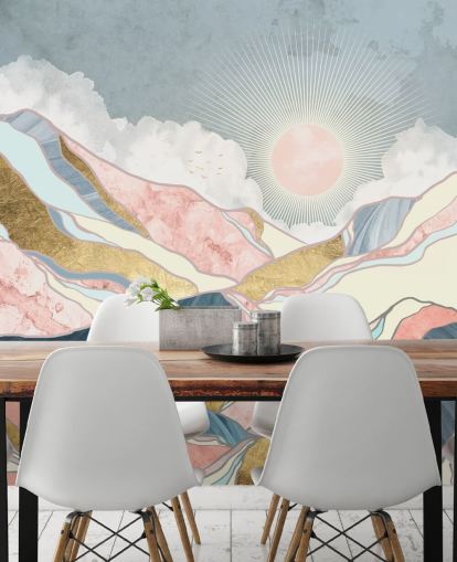 gold and pastel mountains and sun wallpaper