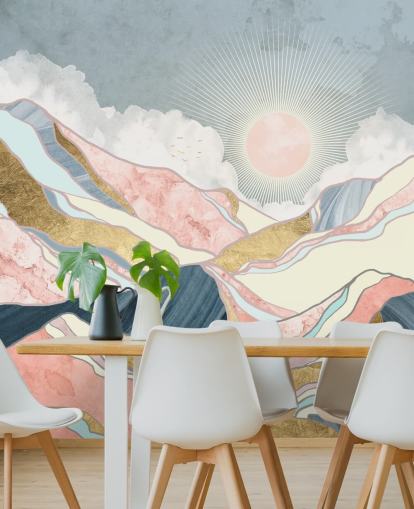 papel pintado de sol y montañas doradas y pastel