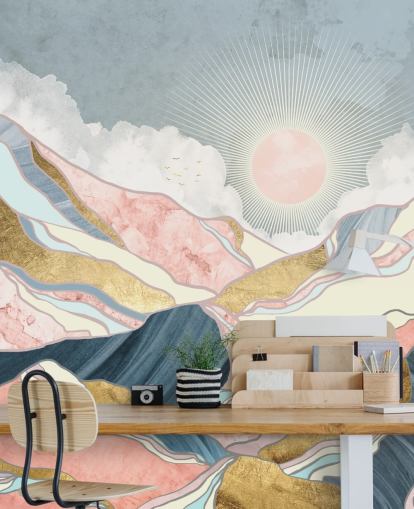 papel pintado de sol y montañas doradas y pastel