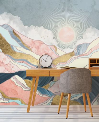 gold and pastel mountains and sun wallpaper