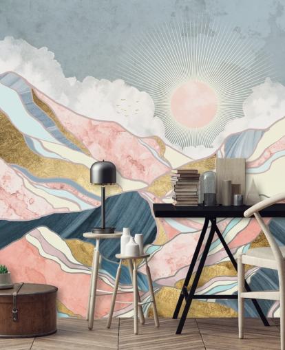 guld og pastel bjerge og sol tapet