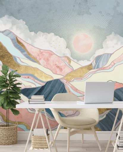 papel pintado de sol y montañas doradas y pastel