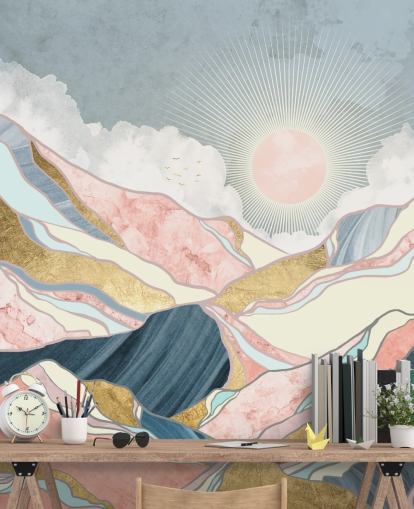 papel pintado de sol y montañas doradas y pastel