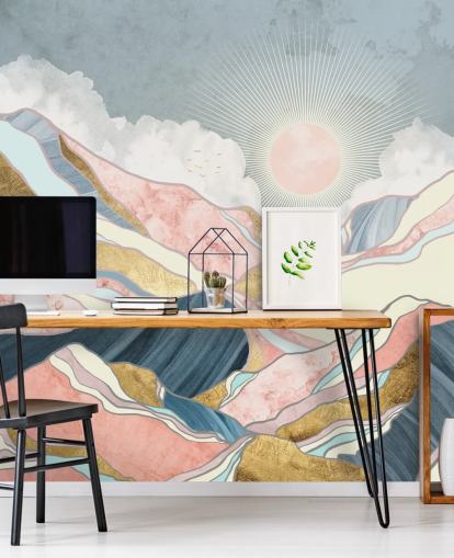 papel pintado de sol y montañas doradas y pastel