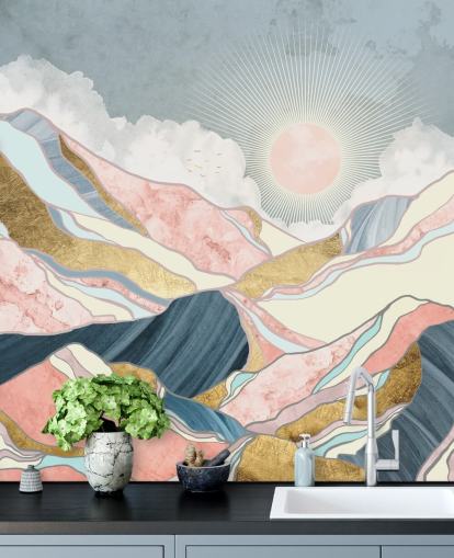 papel pintado de sol y montañas doradas y pastel