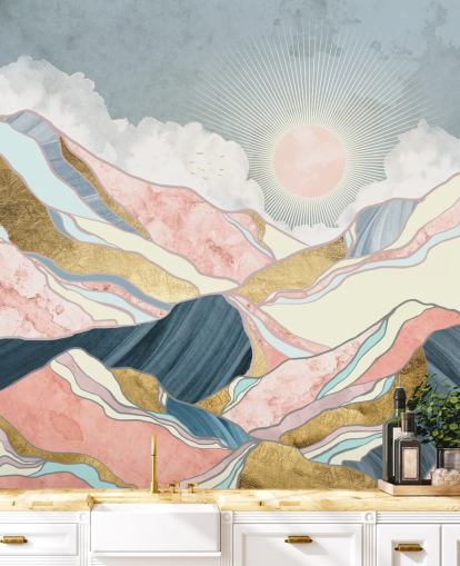 papel pintado de sol y montañas doradas y pastel