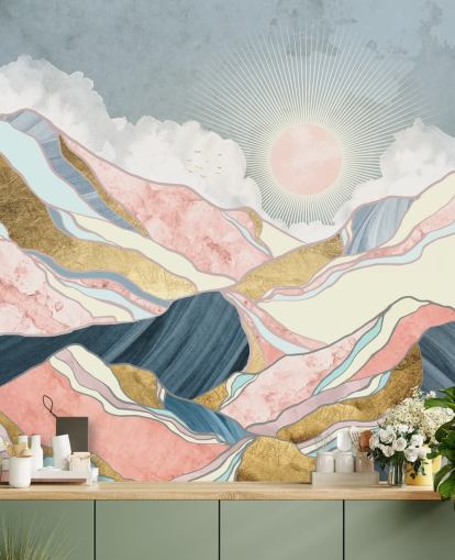 papel pintado de sol y montañas doradas y pastel papel pintado de sol y montañas doradas y pastel