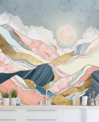 carta da parati oro e pastello montagne e sole