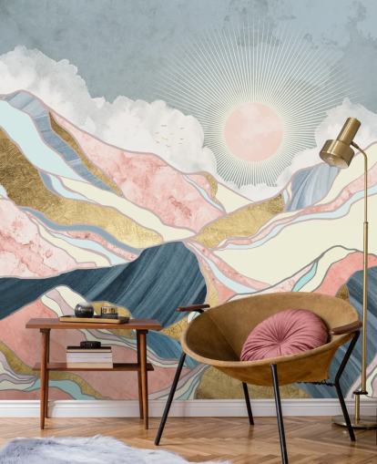 papel pintado de sol y montañas doradas y pastel