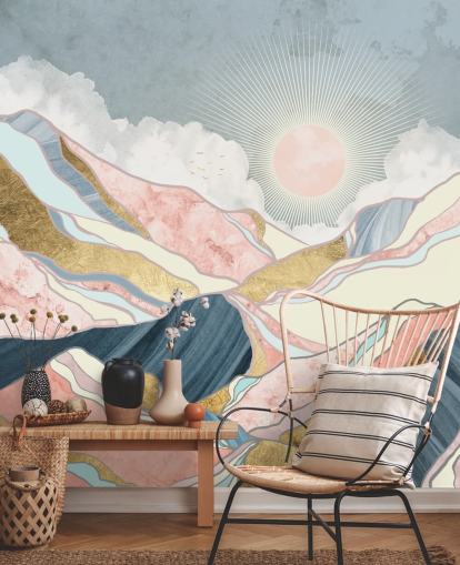 papel pintado de sol y montañas doradas y pastel