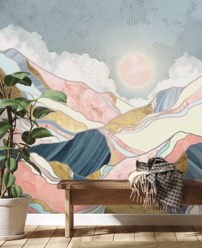 papier peint or et pastel montagnes et soleil