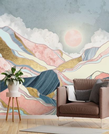 gold and pastel mountains and sun wallpaper
